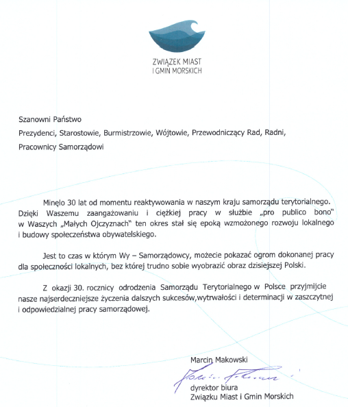 życzenia od związku Miast i Gmin Morskich