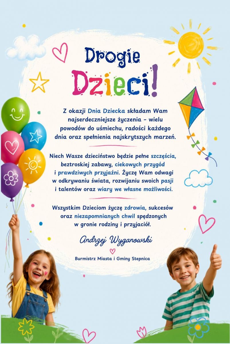 życzenia dla dzieci z okazji dnia dziecka na rysunkowym tle. Tekst życzeń w treści aktualności