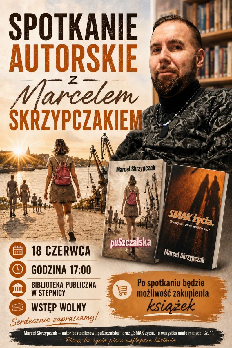 plakat zapraszajacy na spotkanie z Marcelem Skrzypczakiem