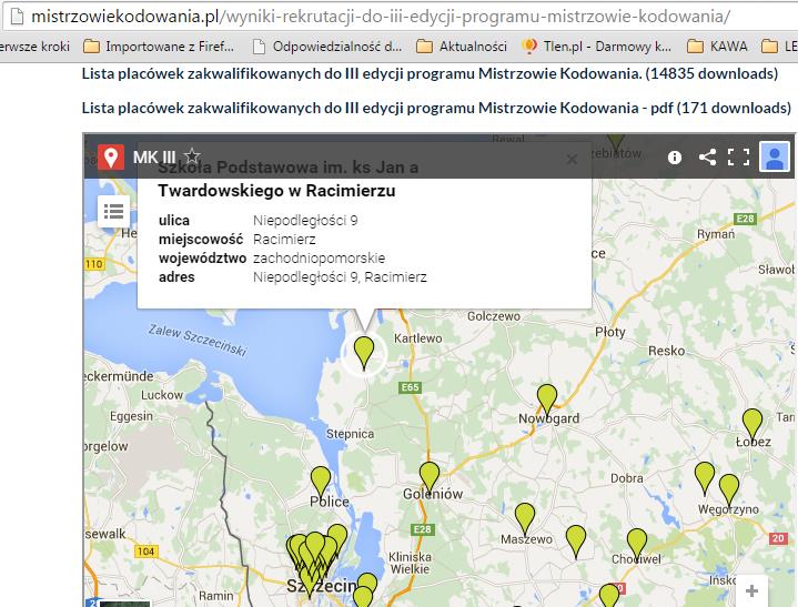 Mapka pokazująca wyniki rekturacji.