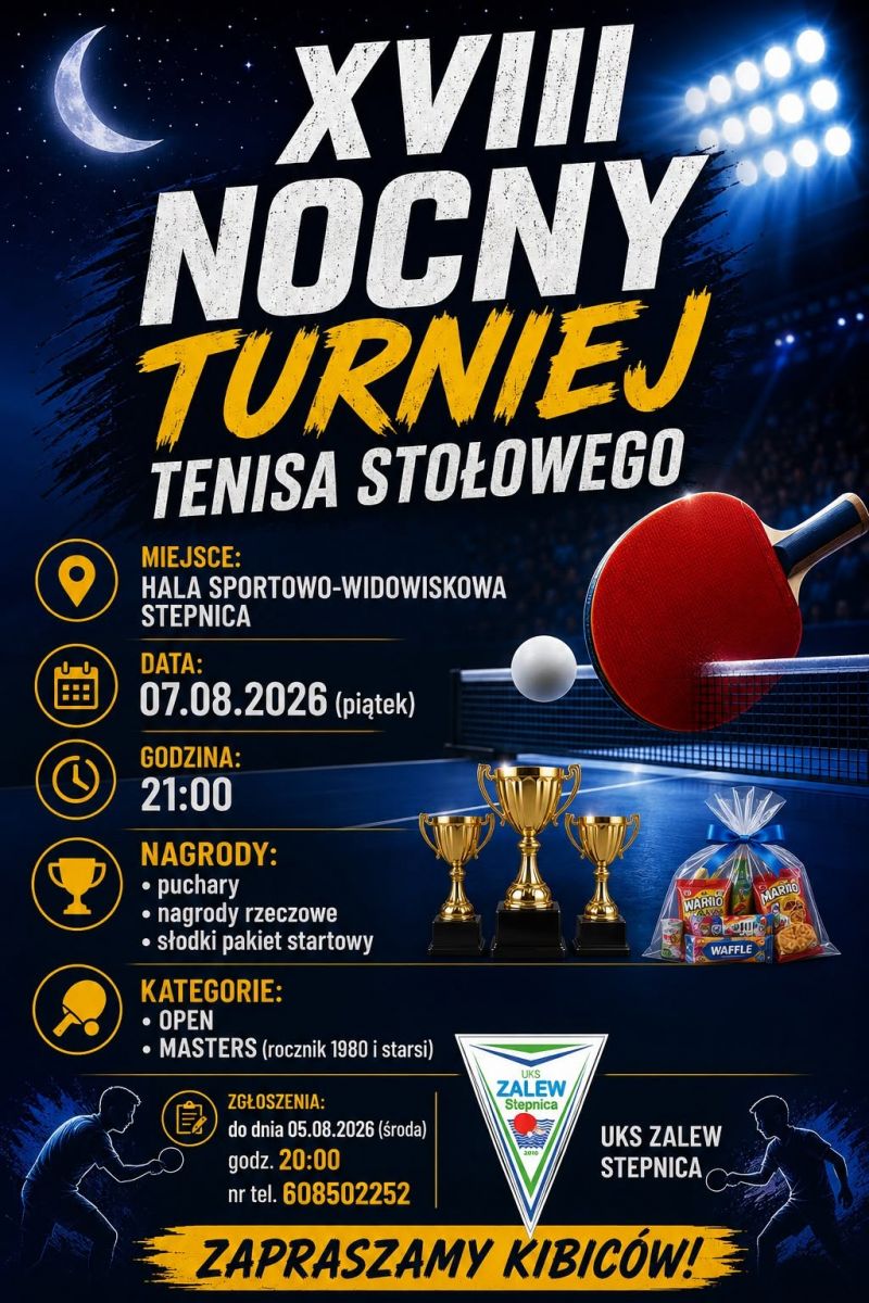 plakat zapraszająy na nocny turniej tenisa stołowego