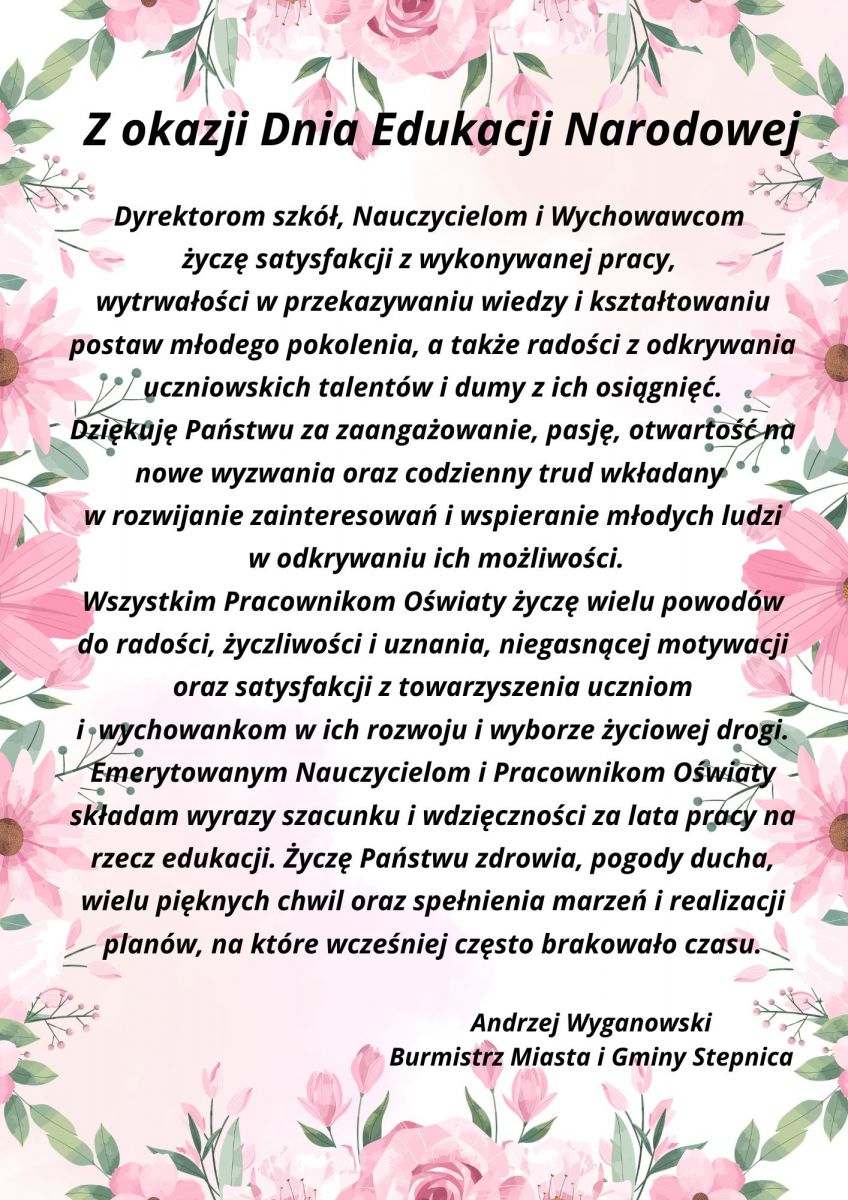 życzenia z okazji Dnia Edukacji na tle różowych kwiatów