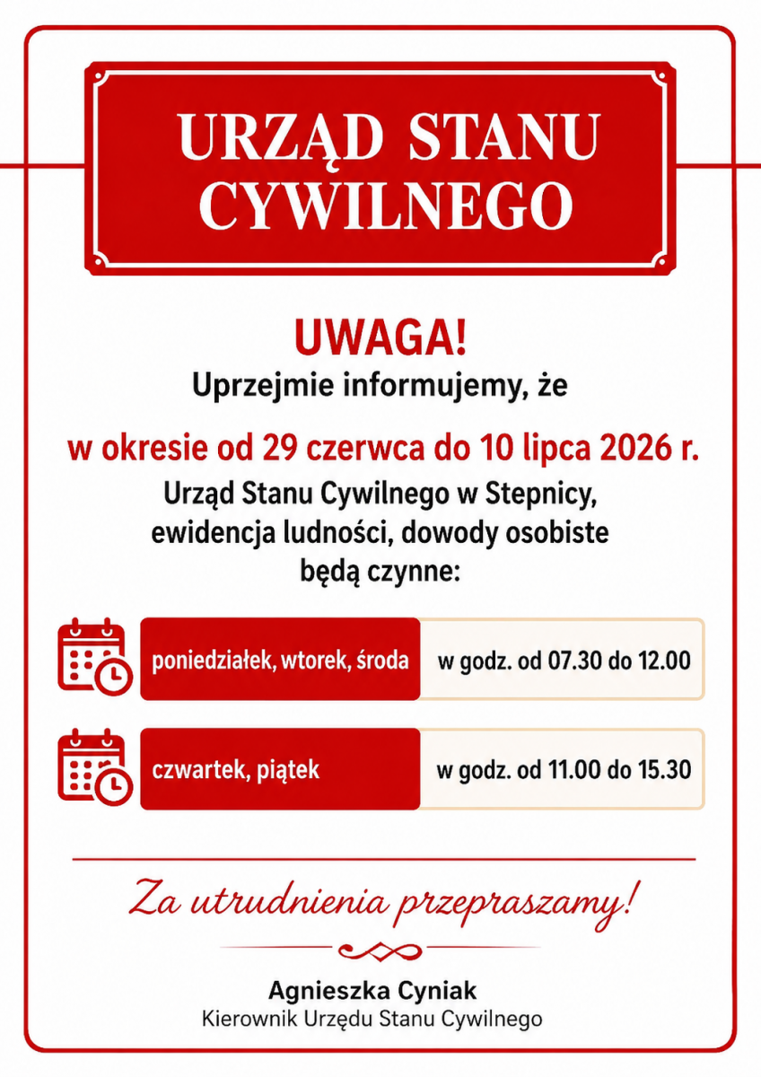 plakat informujący o ograniczeniach w działaniu urzęd stanu cywilnego