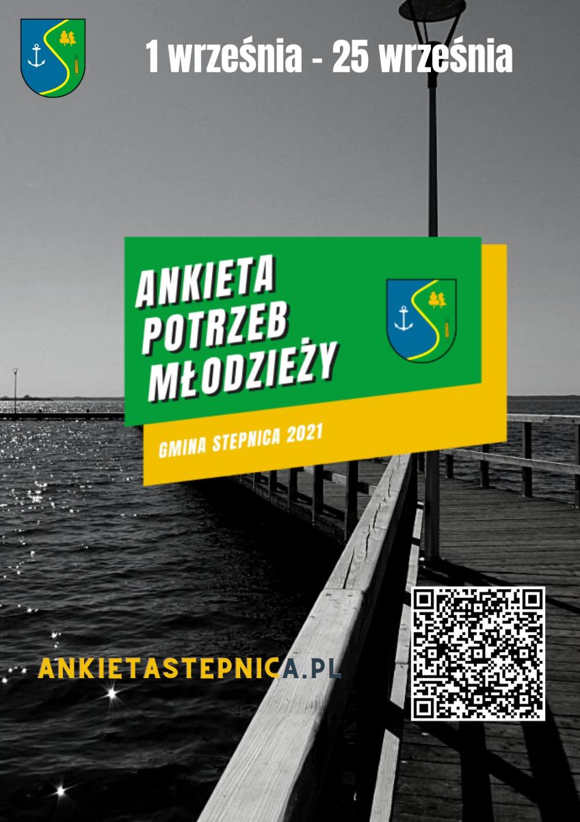 plakat z kodem QR i adresm strony pod któym znajduje się ankieta. 