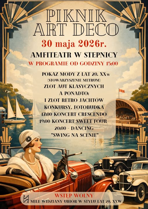 plakat zapowiadajacy piknik art deco