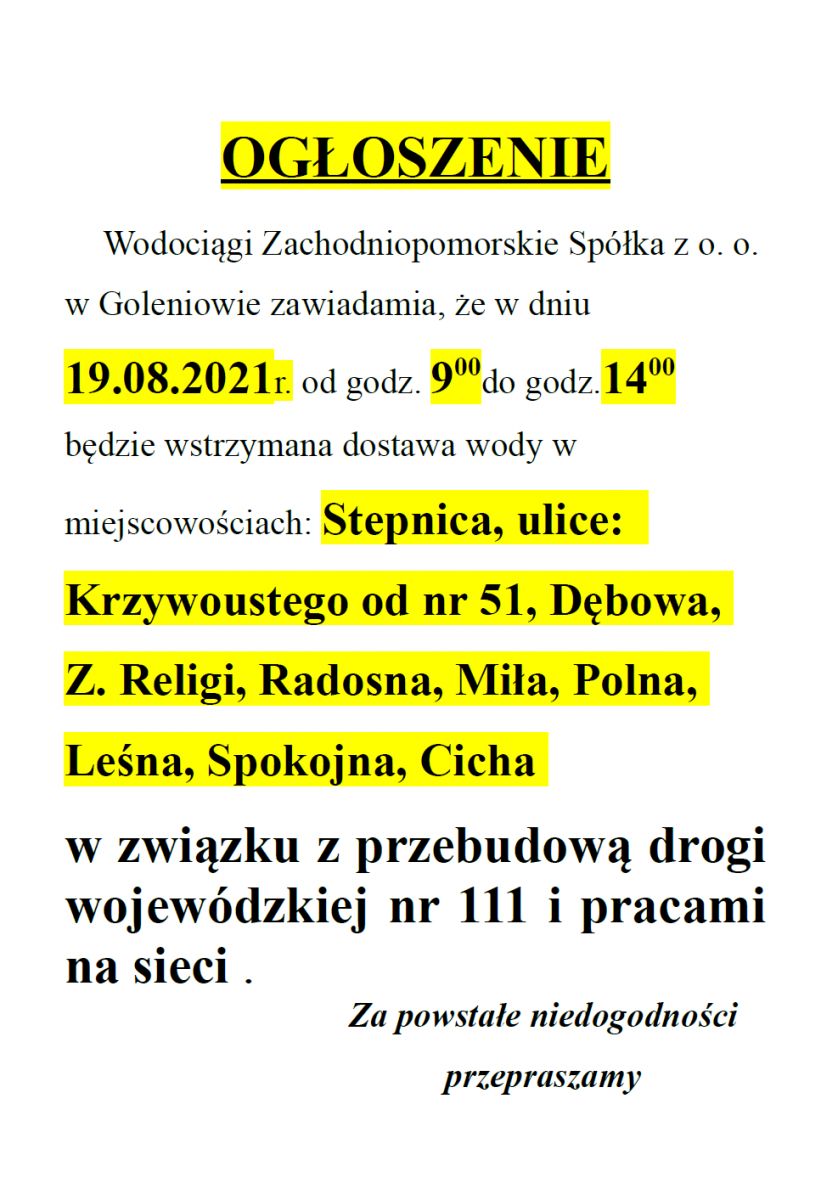 ogłoszenie wstrzymanie dostaw wody