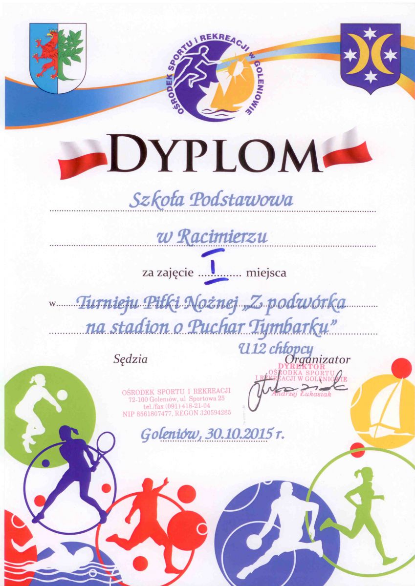 Dyplom XVI edycji Turnieju o Puchar Tymbarku. Link prowadzi do powiększonej wersji.