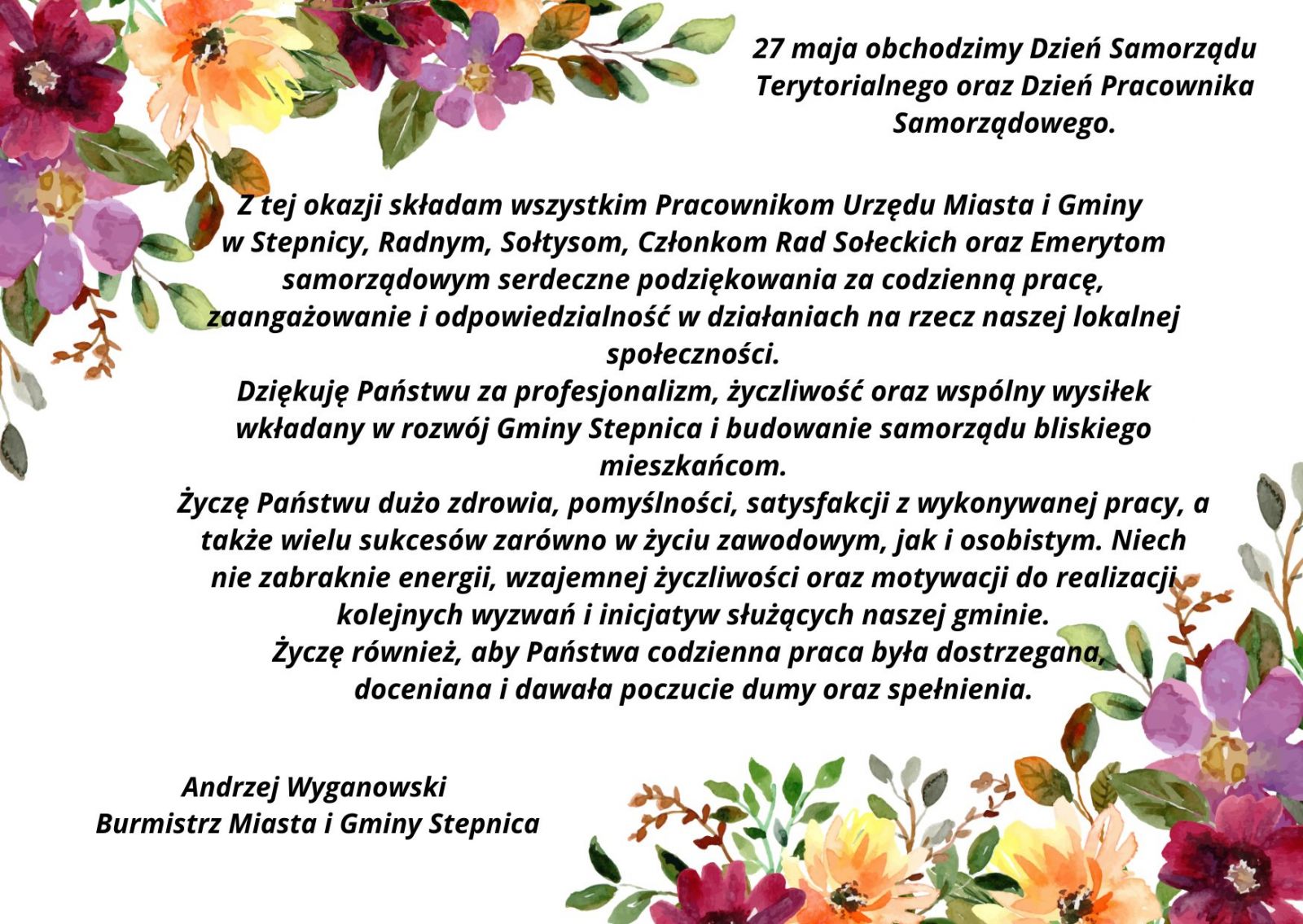 życzenia od burmistrza dla praconików samorzadowych. Tekst życzeń pod obrazkiem