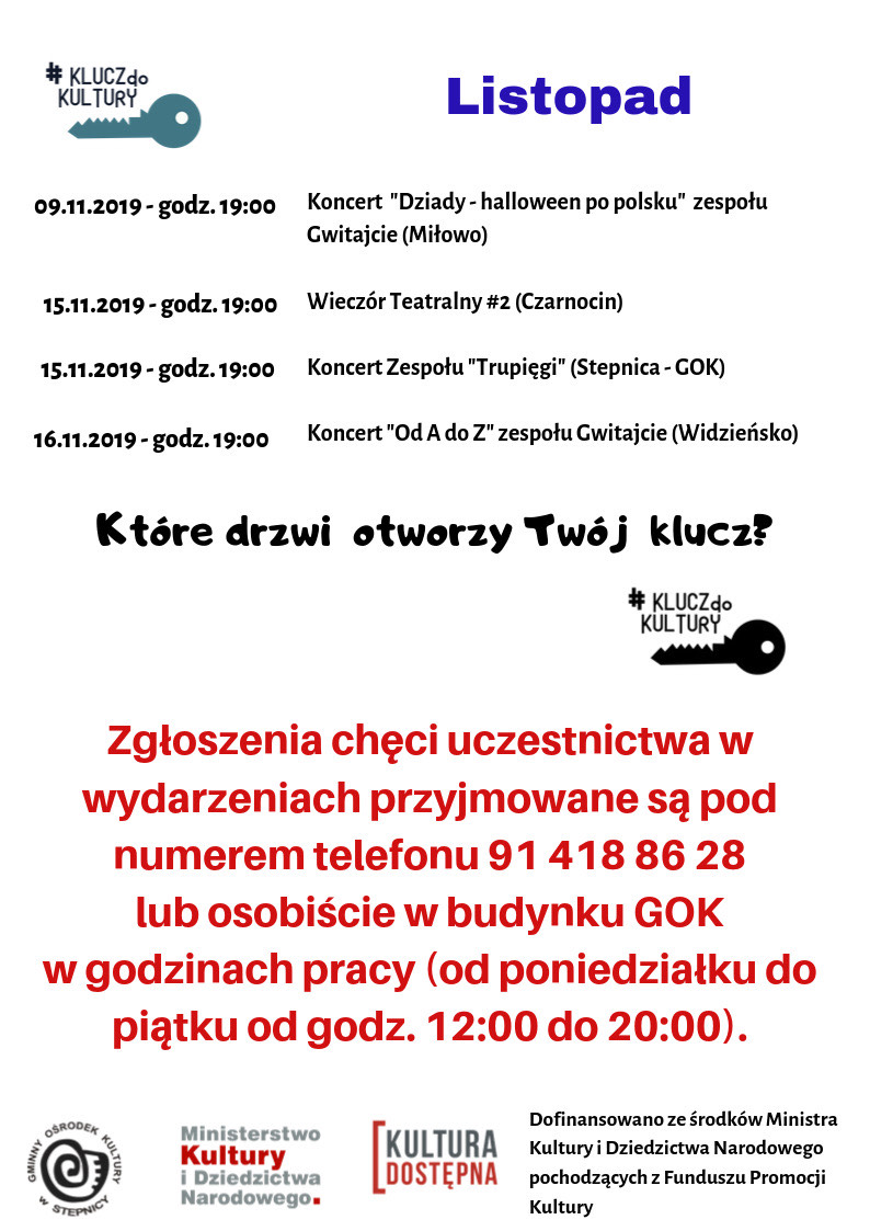 plakat na listopad z kalndarzem imprez. Treśc z plakatu w tresci aktualności. 