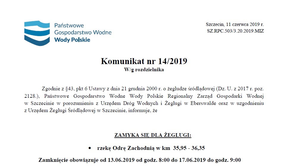 komunikat o zamknięciu rzeki Odry dla żeglugi. 
