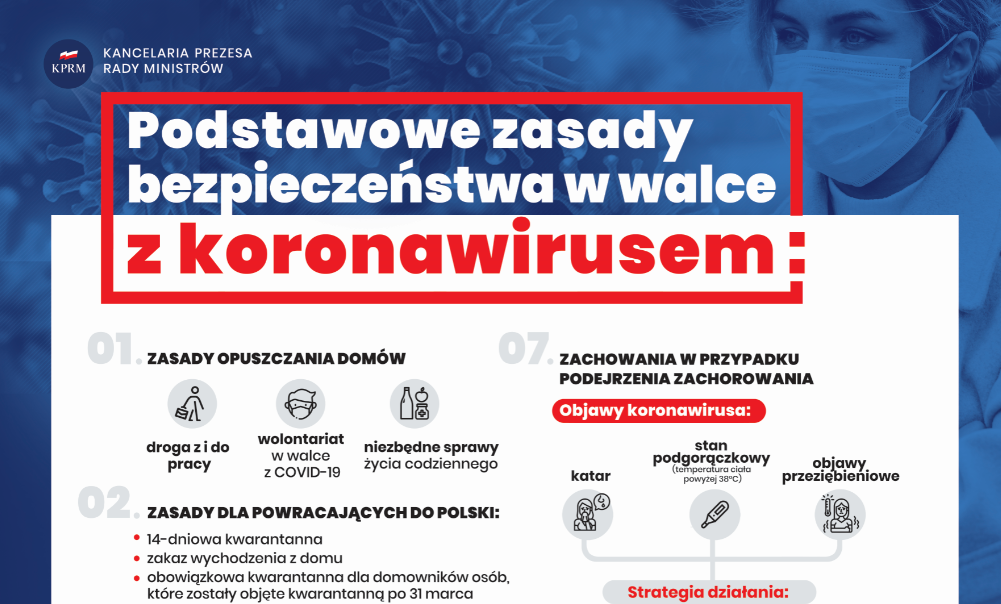 plakat z zasadami podczas kwarantanny. Tekst  plakatu w treści aktualności