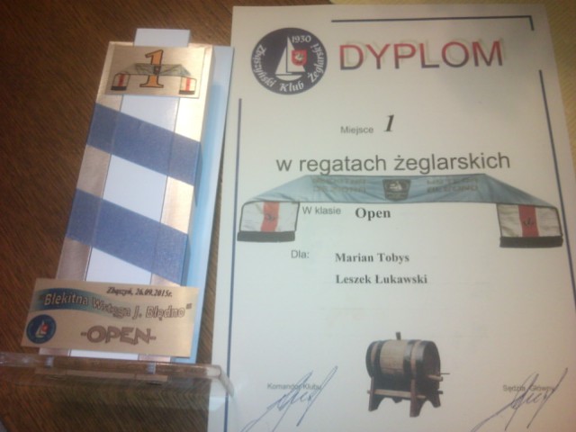 Dyplom za pierwsze miejsce w regatach. Link otwiera powiększoną wersję zdjęcia.