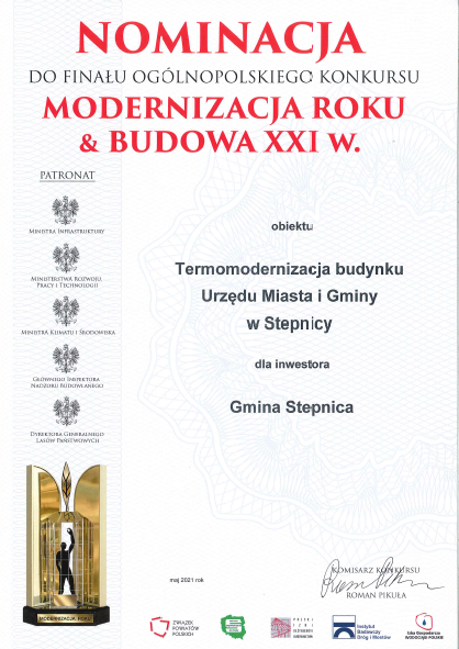 nominacja do finału konkursu Modernizacja roku. weicej na temat w aktualnosci.