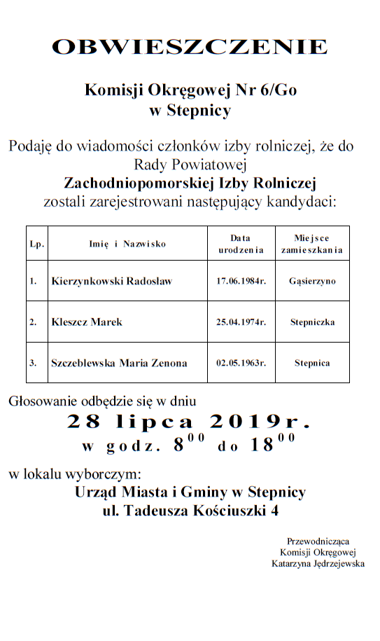 obiweszczenie Komisji Okręgowej Nr 6/Go w Stepnicy 