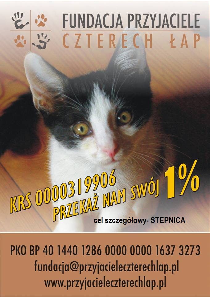 Plakat Fundacji Przyjaciele Czterech Łap zachęcający do przekazania im 1 % podatku. Treść plakatu poniżej