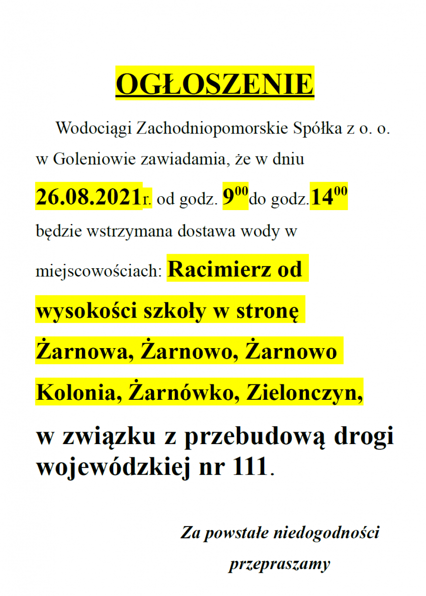 ogłoszenie przerwa w dostawie wody
