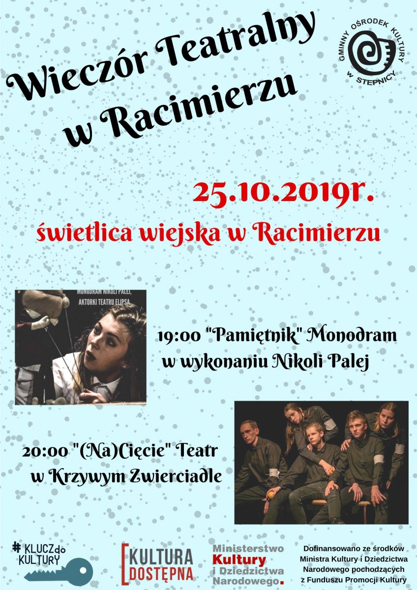 Plakat wieczoru teatralnego w Racimierzu. treśc z plakatu w treści aktualności.