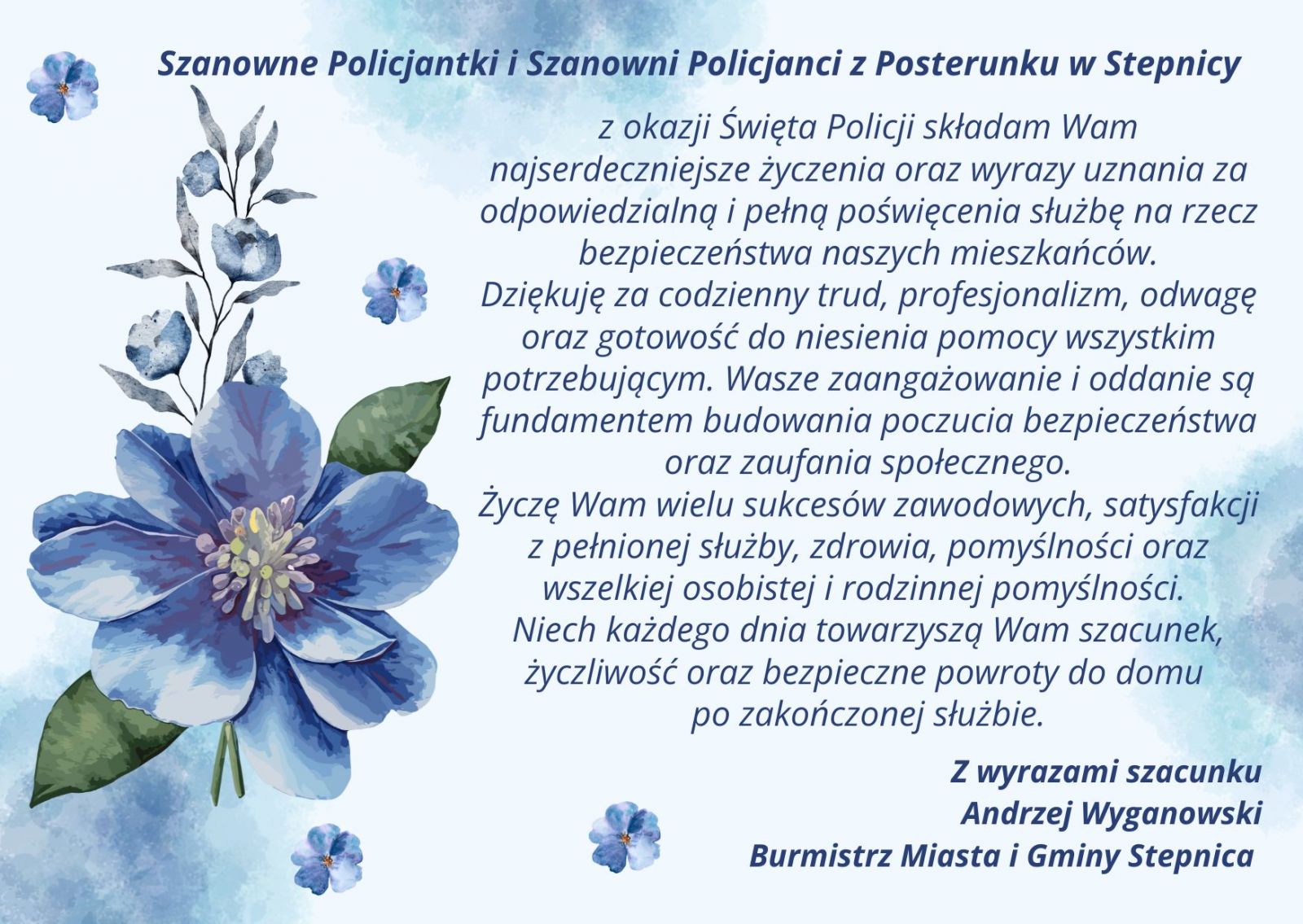 życzenia na niebieskim tle z z lewej strony niebieskie kwiaty
